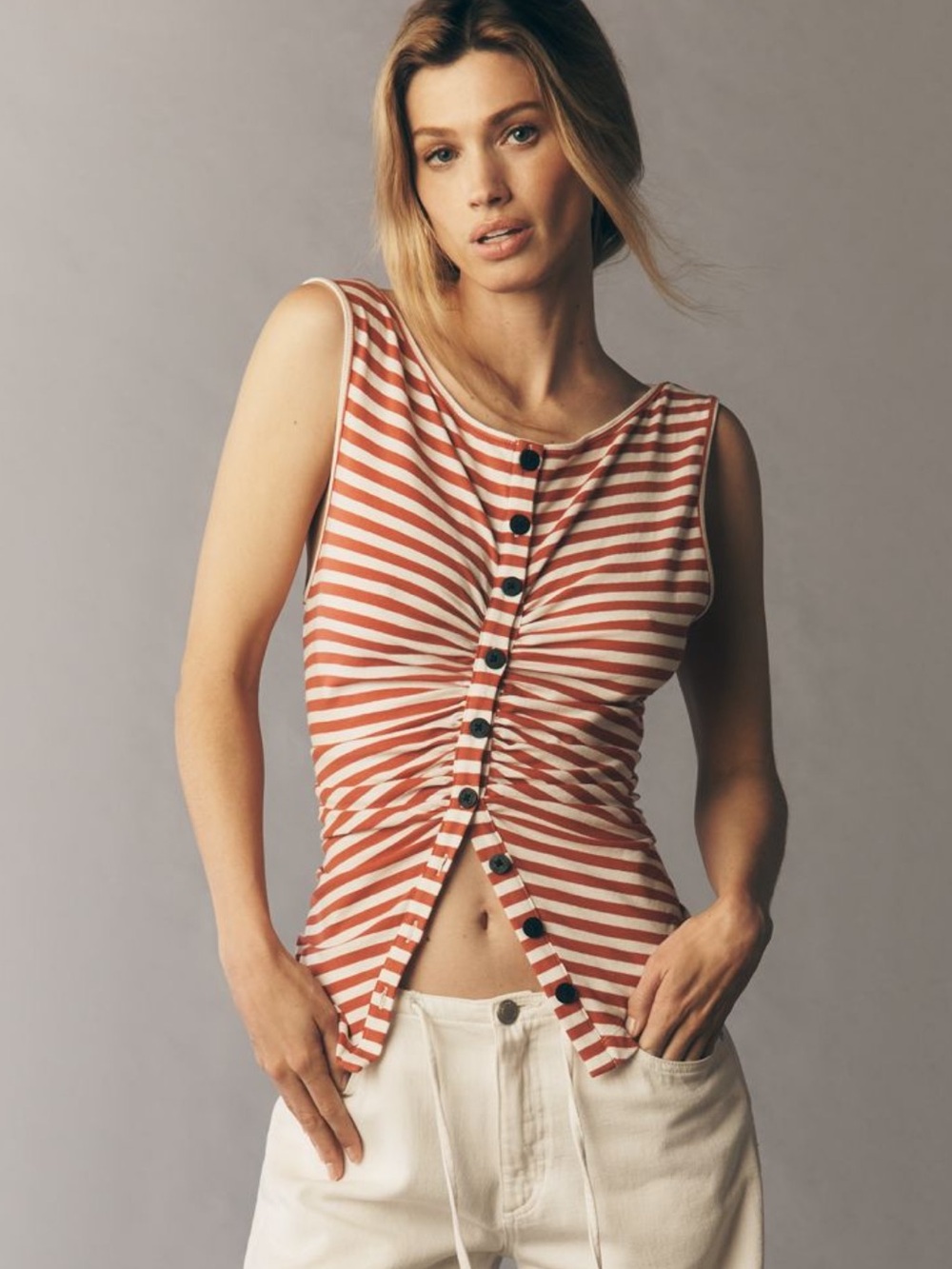 Maeve Red & White Striped Button-Front Tank
